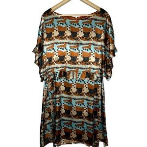 BCBGMaxAzria Womens Silky Tunic Dress Brown Pattern Waist Tie Zip Up Back size L